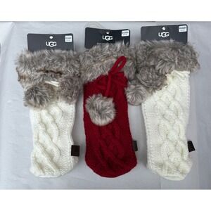 SET OF 3 UGG Wine Bottle Holder Knit Pom Pom's Red, WHITE KNIT‎ Fur 11.5x4
